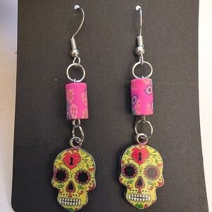 Handmade Beaded Halloween Pink Lime Green Candy skull Day of the Dead earrings